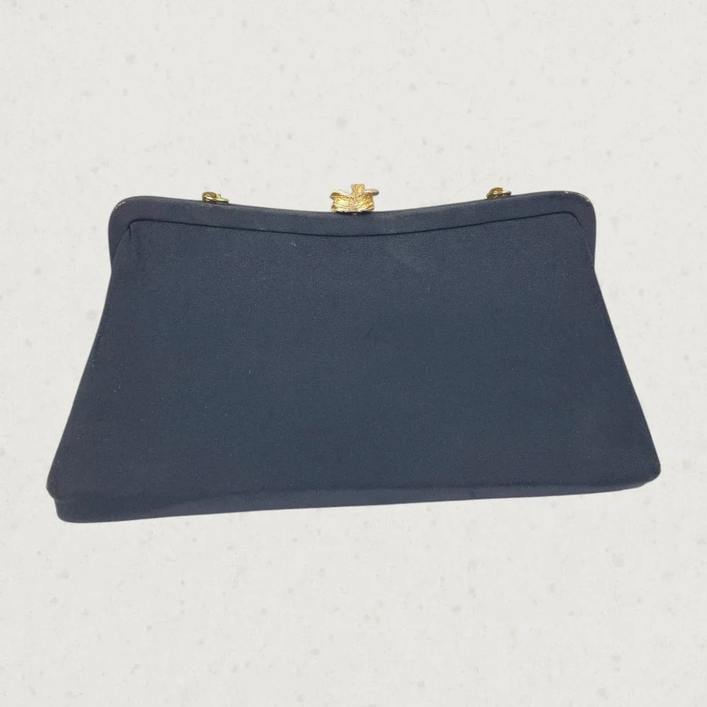 Vintage Black Satin Evening Clutch Bag Gold Floral Clasp Chain Strap Mid Century